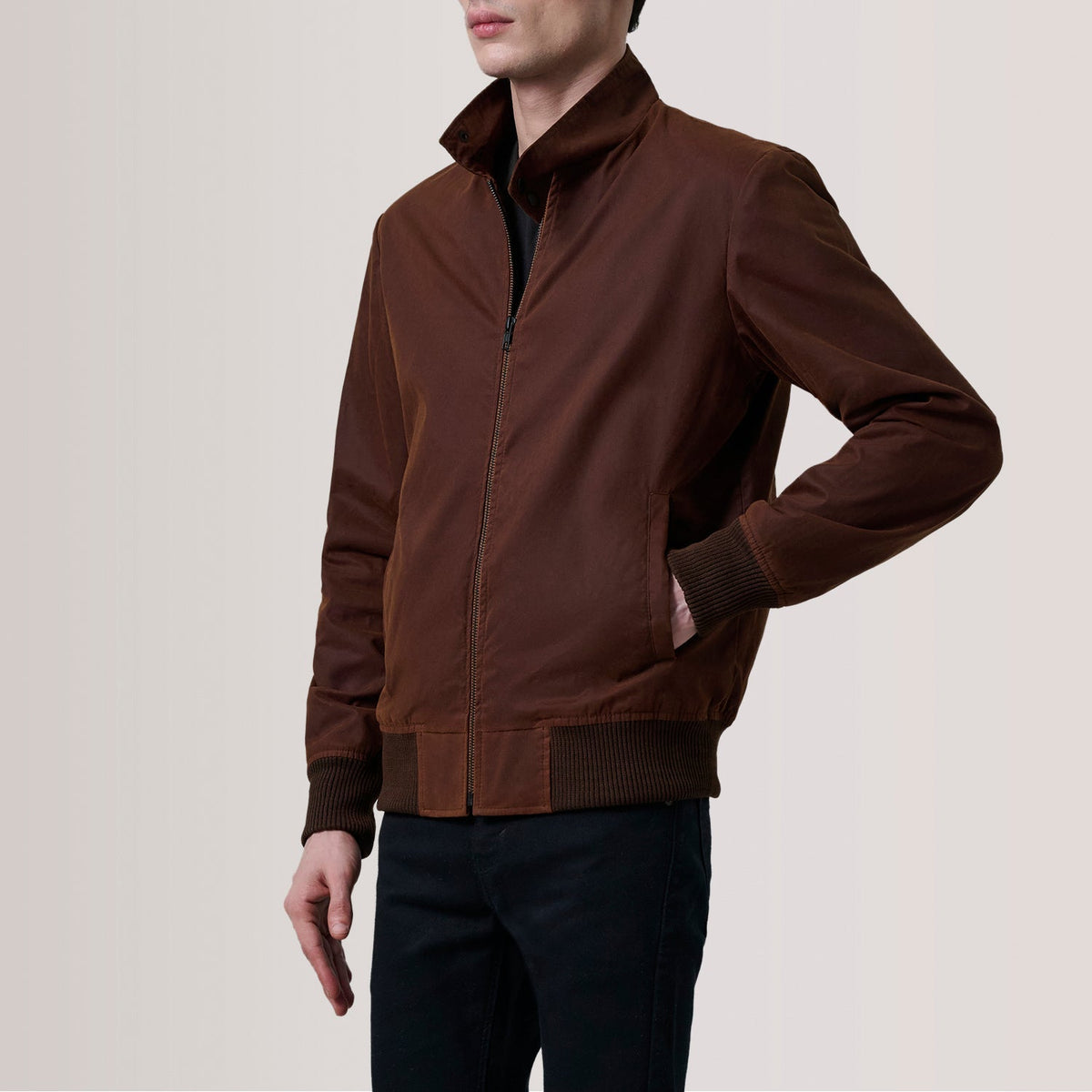 Morrison Bruin Canvas Leren Bomberjack voor Heren For Men - Lateral Side Profile View Showing Sleeve Cut &amp; Athletic Taper Fit