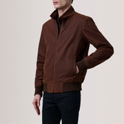 Morrison Bruin Canvas Leren Bomberjack voor Heren For Men - Lateral Side Profile View Showing Sleeve Cut &amp; Athletic Taper Fit