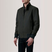 Morrison Olive Canvas Leren Bomberjack voor Heren For Men - Lateral Side Profile View Showing Sleeve Cut &amp; Athletic Taper Fit