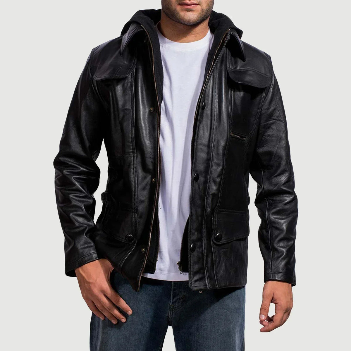 Men's Moulder Hooded Zwart Leren Jas voor Heren in Black Cowhide Leather - Front Profile View &amp; Tailored Silhouette | Buy Online