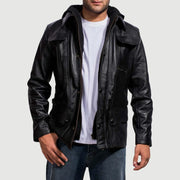 Men's Moulder Hooded Zwart Leren Jas voor Heren in Black Cowhide Leather - Front Profile View &amp; Tailored Silhouette | Buy Online