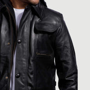 Men's Moulder Hooded Zwart Leren Jas voor Heren - Lateral Side Profile View Showing Sleeve Cut &amp; Athletic Taper Fit