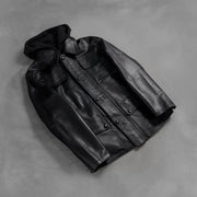 Zipper &amp; Hem Craftsmanship Construction Detail on Men's Moulder Hooded Zwart Leren Jas voor Heren