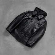 Styled Fit Perspective of Men's Moulder Hooded Zwart Leren Jas voor Heren on Model - Natural Daylight Drape