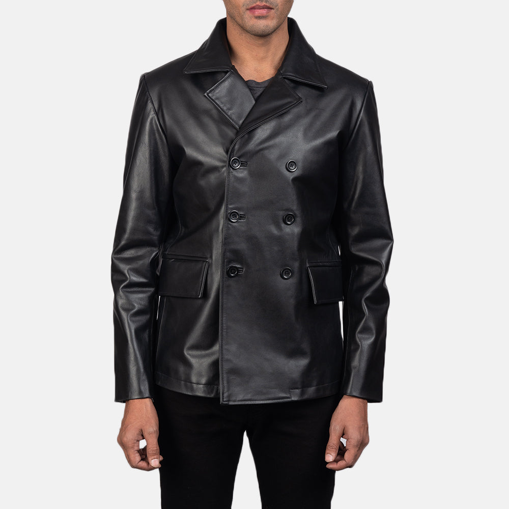
Mr. Bailey Zwart Leather Naval Peacoat voor Heren in Black Cowhide Leather - Vooraanzicht & getailleerd silhouet | Online kopen