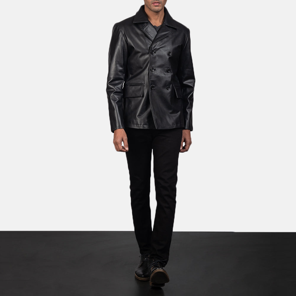 
Mr. Bailey Zwart Leather Naval Peacoat voor Heren - Zijaanzicht met ergonomische mouwsnede