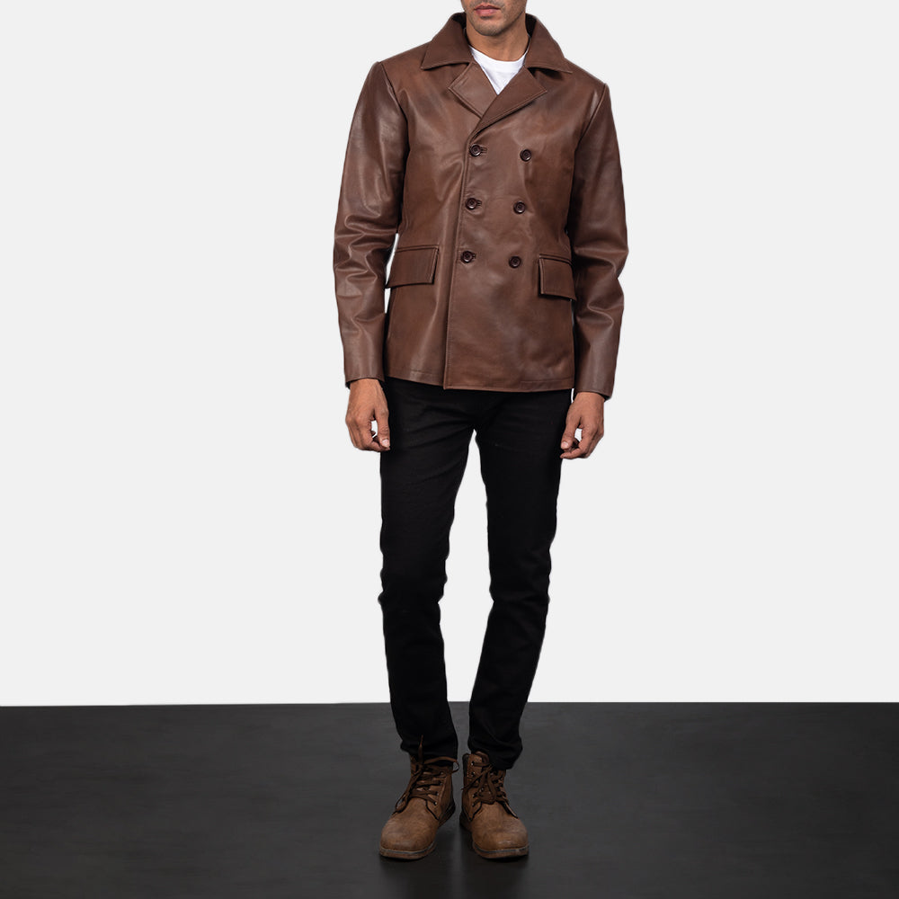 Mr. Bailey Bruin Leather Naval Peacoat voor Heren - Lateral Side Profile View Showing Sleeve Cut &amp; Athletic Taper Fit