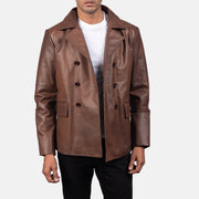 Close-Up Detail of Notch &amp; Buttons Hardware on Mr. Bailey Bruin Leather Naval Peacoat voor Heren