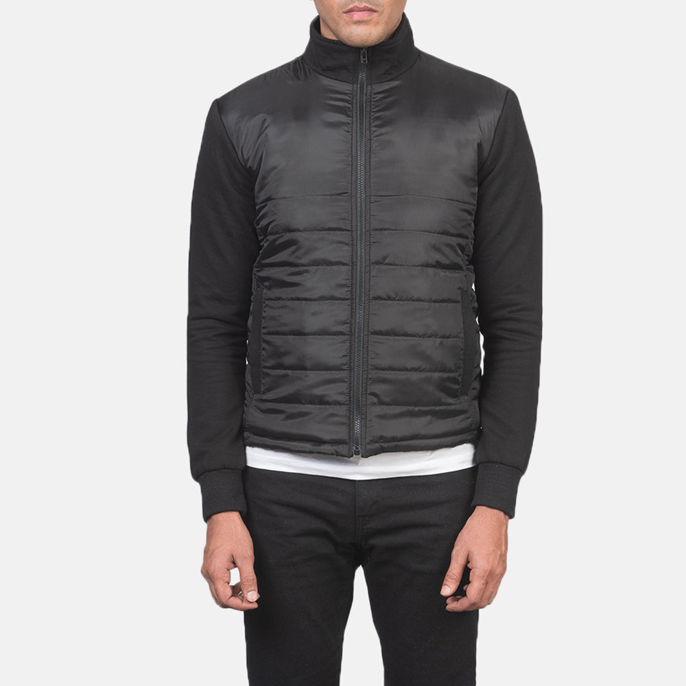 
Detailopname of High Neck & Zipper with wind flap Hardware on Nashville Gewatteerd Zwart Windbreaker Leren Jas voor Heren