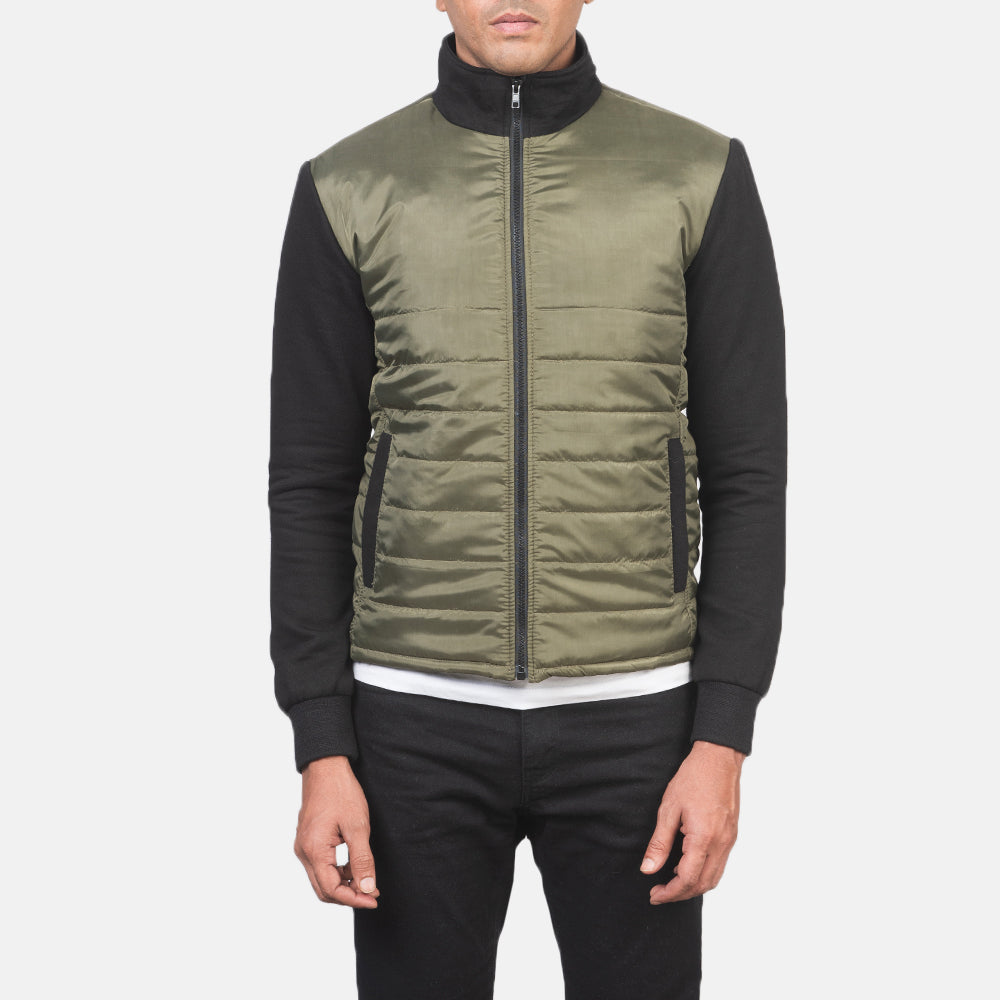 
Detailopname of High Neck & Zipper with wind flap Hardware on Nashville Gewatteerd Groen Windbreaker Leren Jas voor Heren