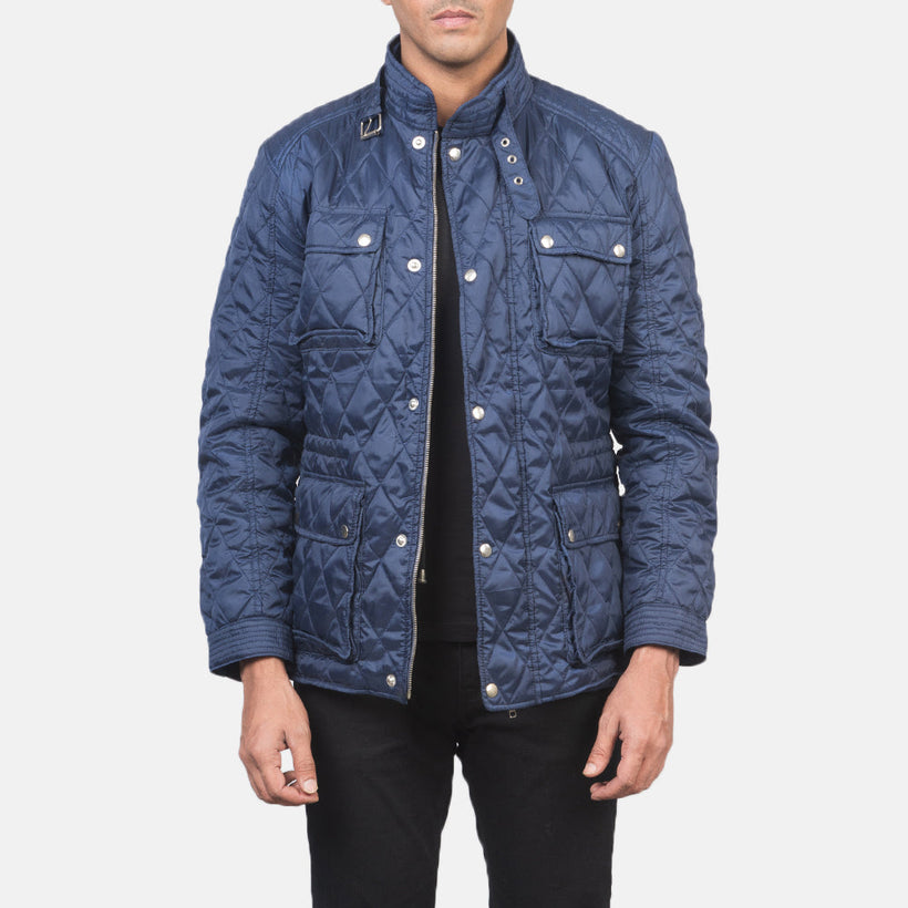 Nelson Gewatteerd Blauw Windbreaker Leren Jas voor Heren