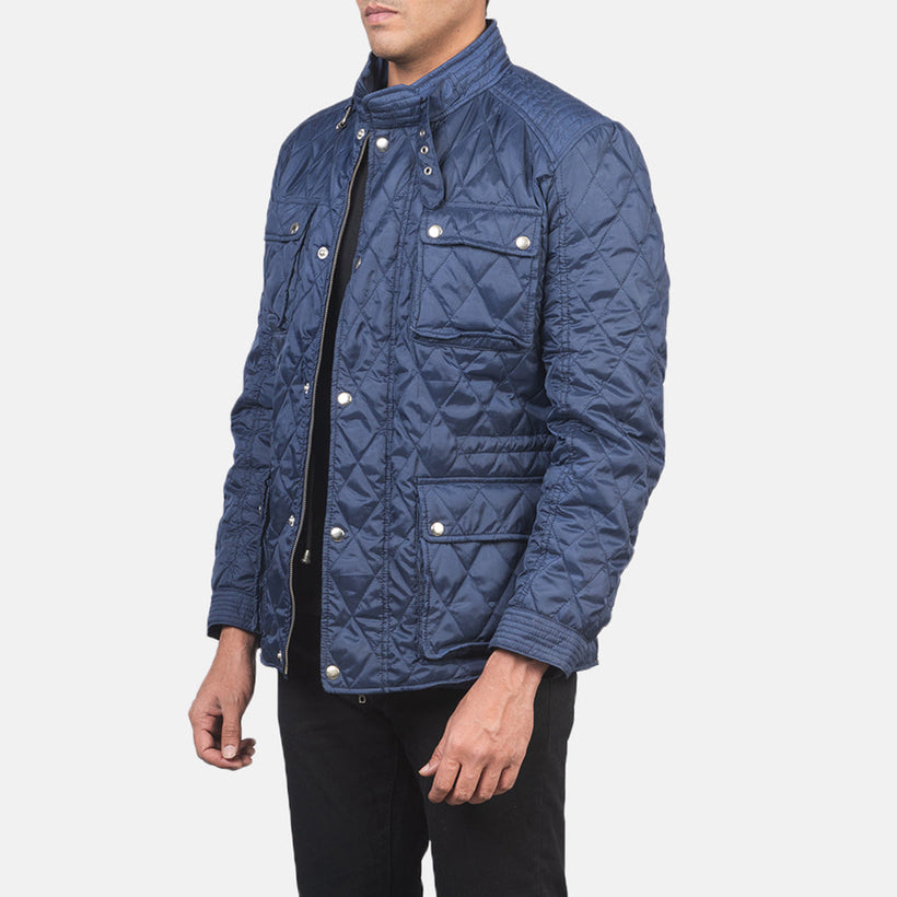 Nelson Gewatteerd Blauw Windbreaker Leren Jas voor Heren