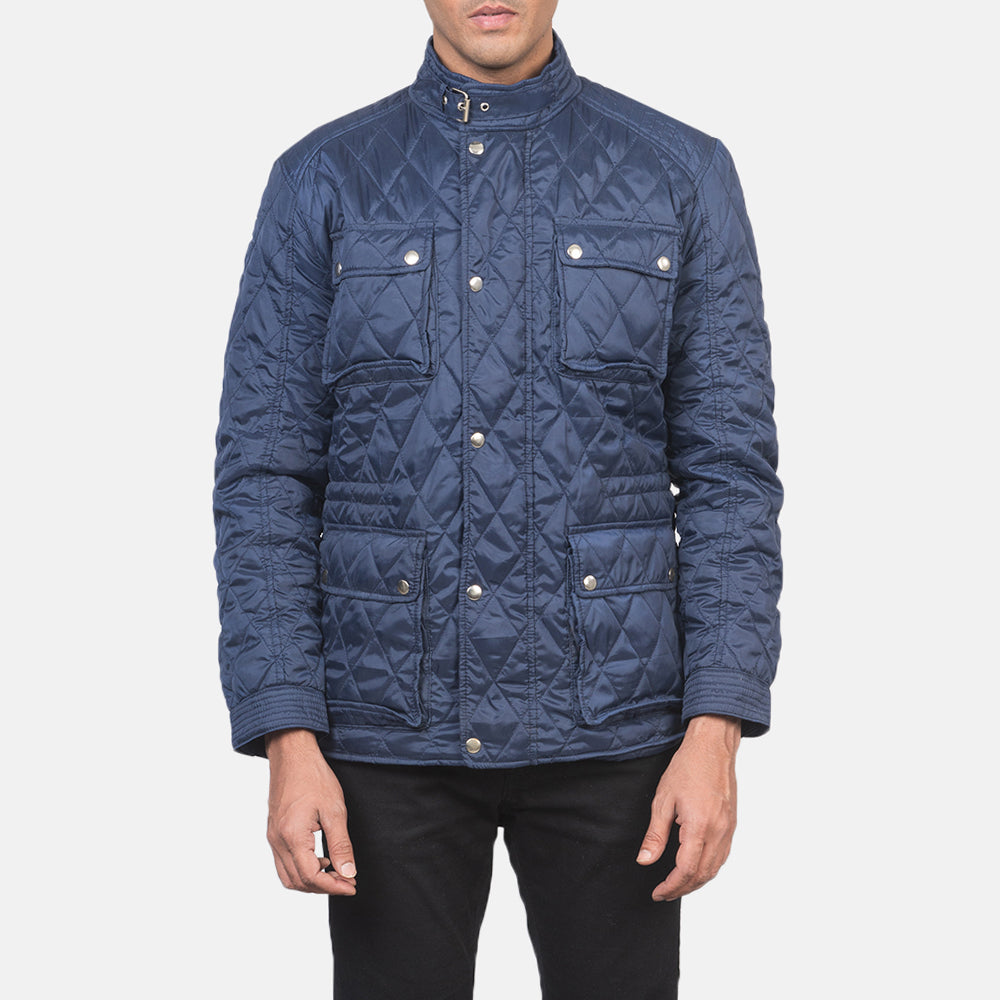 Men's Nelson Gewatteerd Blauw Windbreaker Leren Jas voor Heren - Lateral Side Profile View Showing Sleeve Cut &amp; Athletic Taper Fit