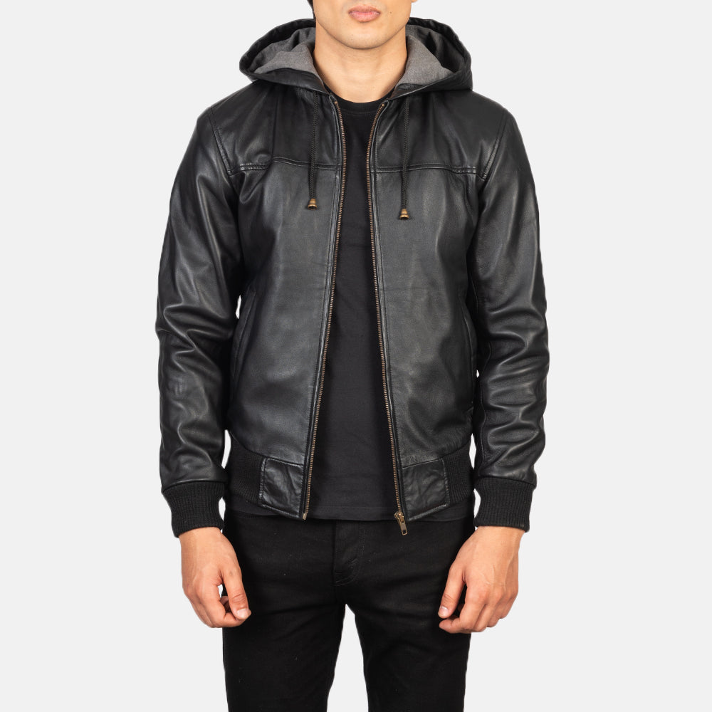 
Nintenzo Black Hooded Leather Jacket in Black Sheepskin Leather - Vooraanzicht & getailleerd silhouet | Online kopen