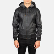 
Detailopname of Hooded & Zipper Hardware on Nintenzo Black Hooded Leather Jacket
