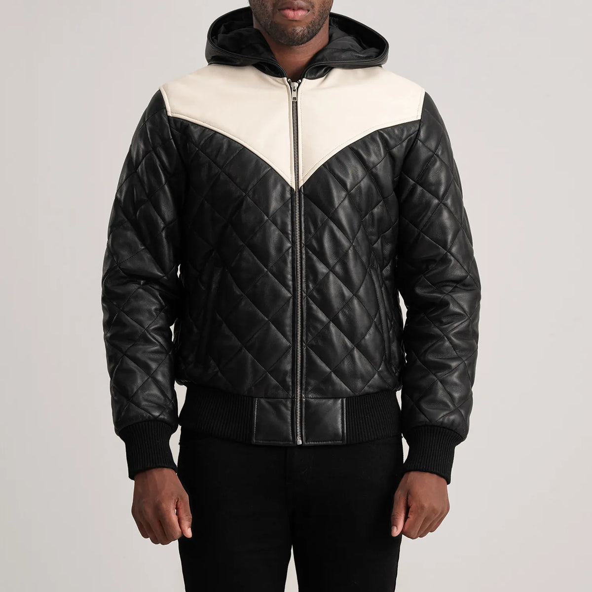 
Detailopname of Hooded & Zipper Hardware on Norman Tan Hooded Bomber Leather Puffer Jacket