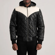 
Detailopname of Hooded & Zipper Hardware on Norman Tan Hooded Bomber Leather Puffer Jacket