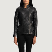 Women's Orient Grain Gewatteerd Zwart Leren Bikerjack voor Dames in Black Sheepskin Leather - Front Profile View &amp; Tailored Silhouette | Buy Online