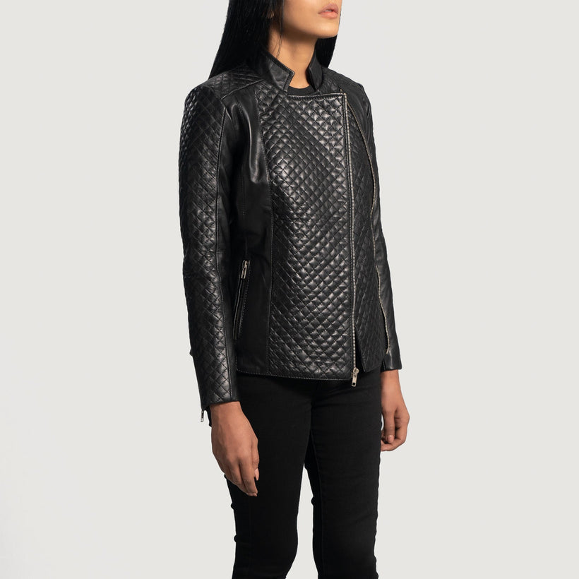 Orient Grain Gewatteerd Zwart Leren Bikerjack voor Dames