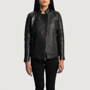 Women's Orient Grain Gewatteerd Zwart Leren Bikerjack voor Dames - Lateral Side Profile View Showing Sleeve Cut &amp; Athletic Taper Fit