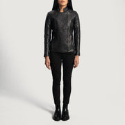 Close-Up Detail of Band &amp; Zipper Hardware on Women's Orient Grain Gewatteerd Zwart Leren Bikerjack voor Dames