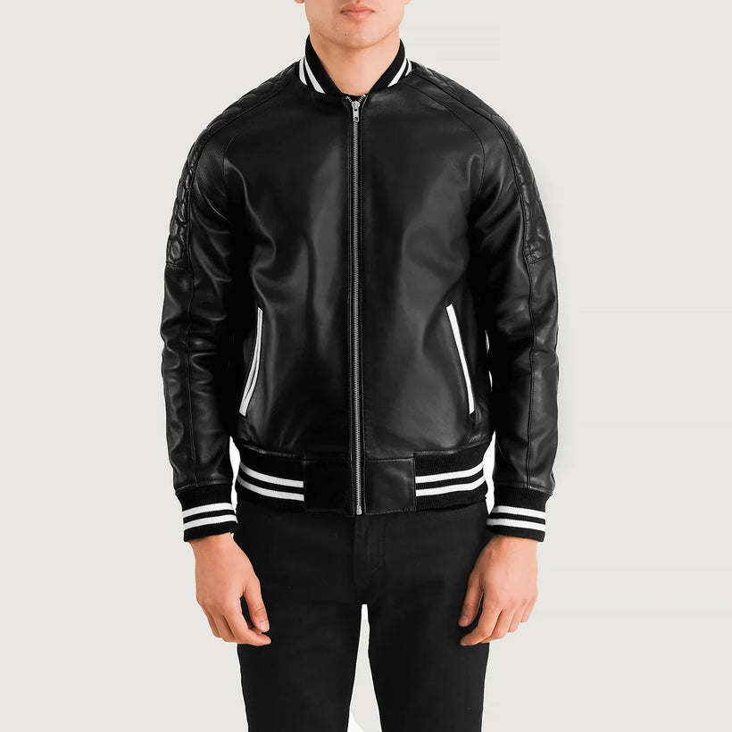 Pascal Zwart Leather Varsity Leren Jas voor Heren