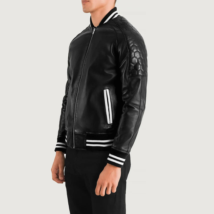 Pascal Zwart Leather Varsity Leren Jas voor Heren