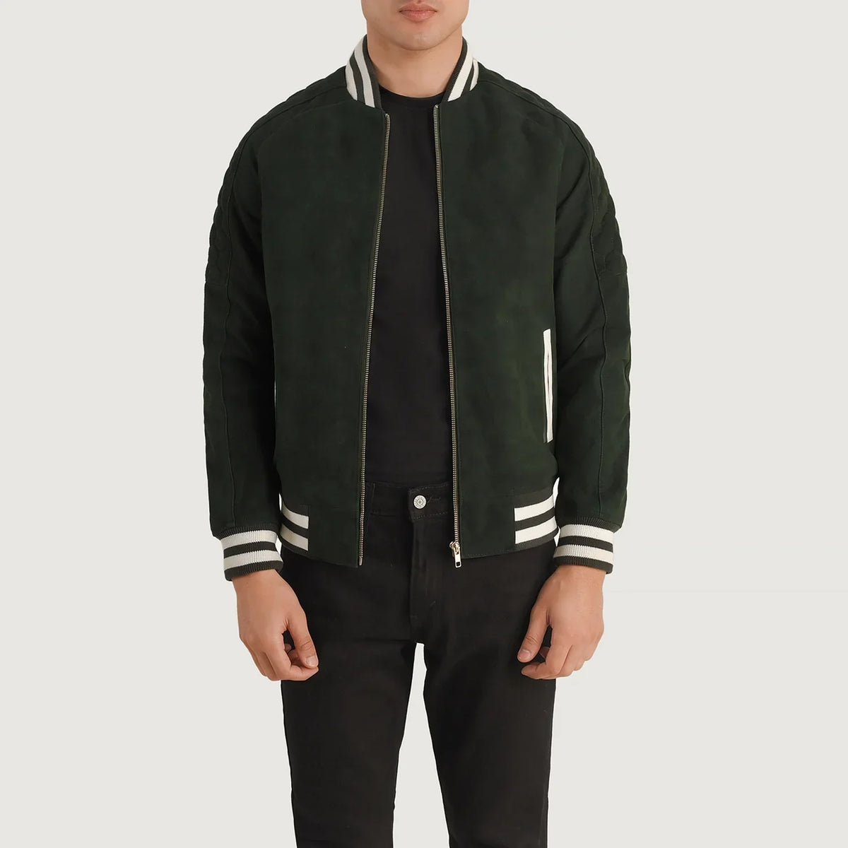 Pascal Groen Suede Varsity Leren Jas voor Heren in Green Goatskin Suede - Front Profile View &amp; Tailored Silhouette | Buy Online