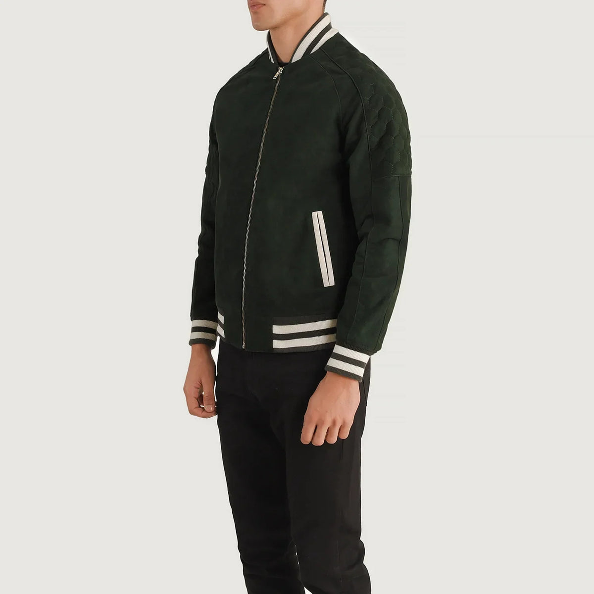 Green Goatskin Suede Varsity Jacket - Back View Showing Tailored Shoulder Fit &amp; Clean Hemline
