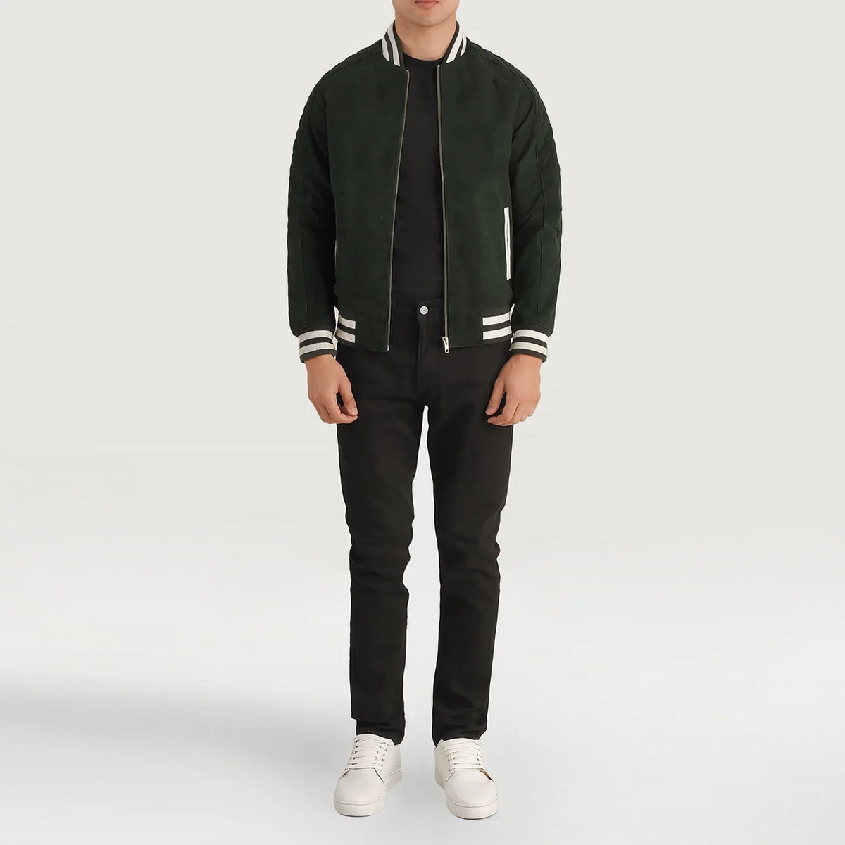 Pascal Groen Suede Varsity Leren Jas voor Heren - Lateral Side Profile View Showing Sleeve Cut &amp; Athletic Taper Fit
