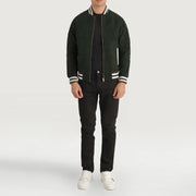 Pascal Groen Suede Varsity Leren Jas voor Heren - Lateral Side Profile View Showing Sleeve Cut &amp; Athletic Taper Fit