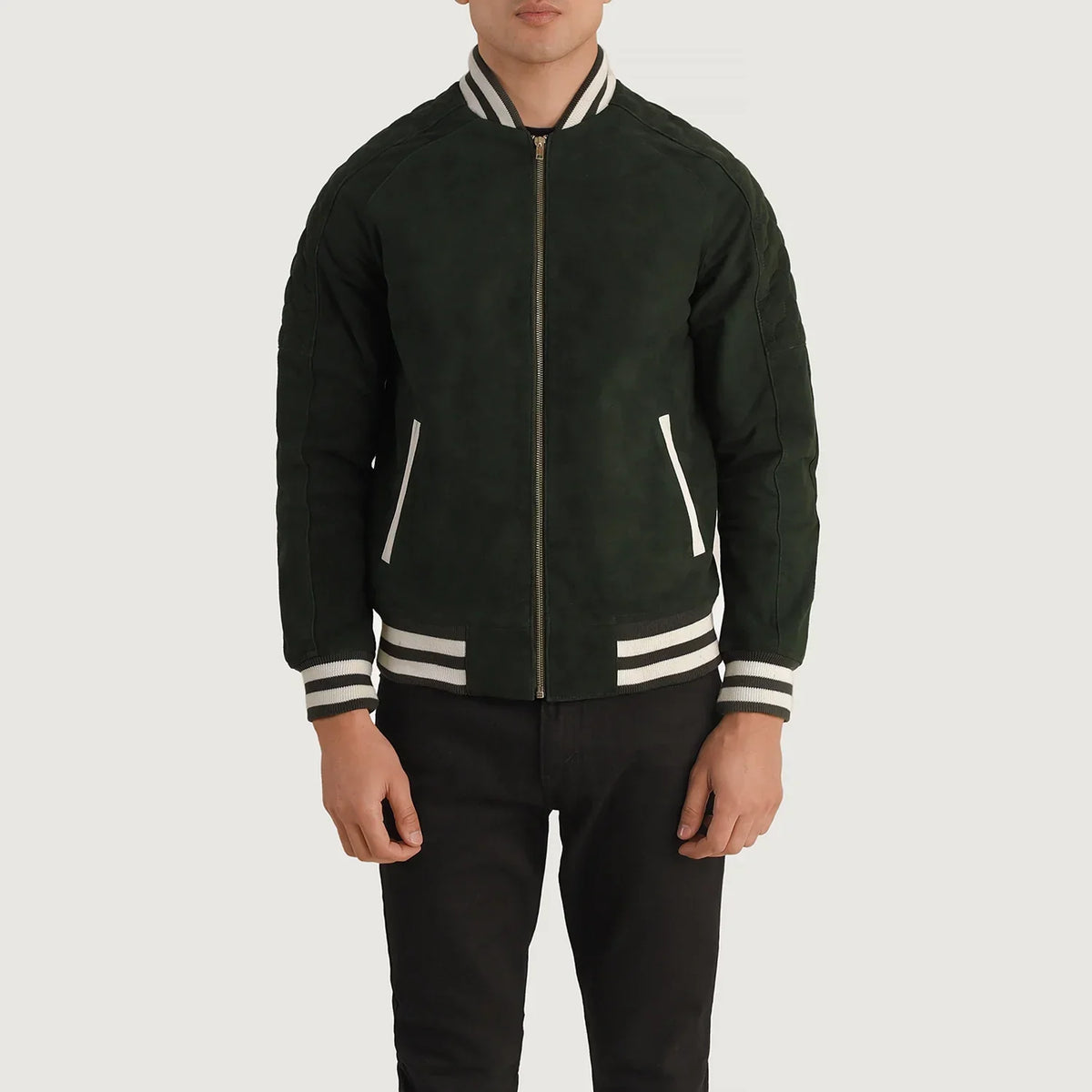 Close-Up Detail of Varsity collar &amp; Zipper Hardware on Pascal Groen Suede Varsity Leren Jas voor Heren