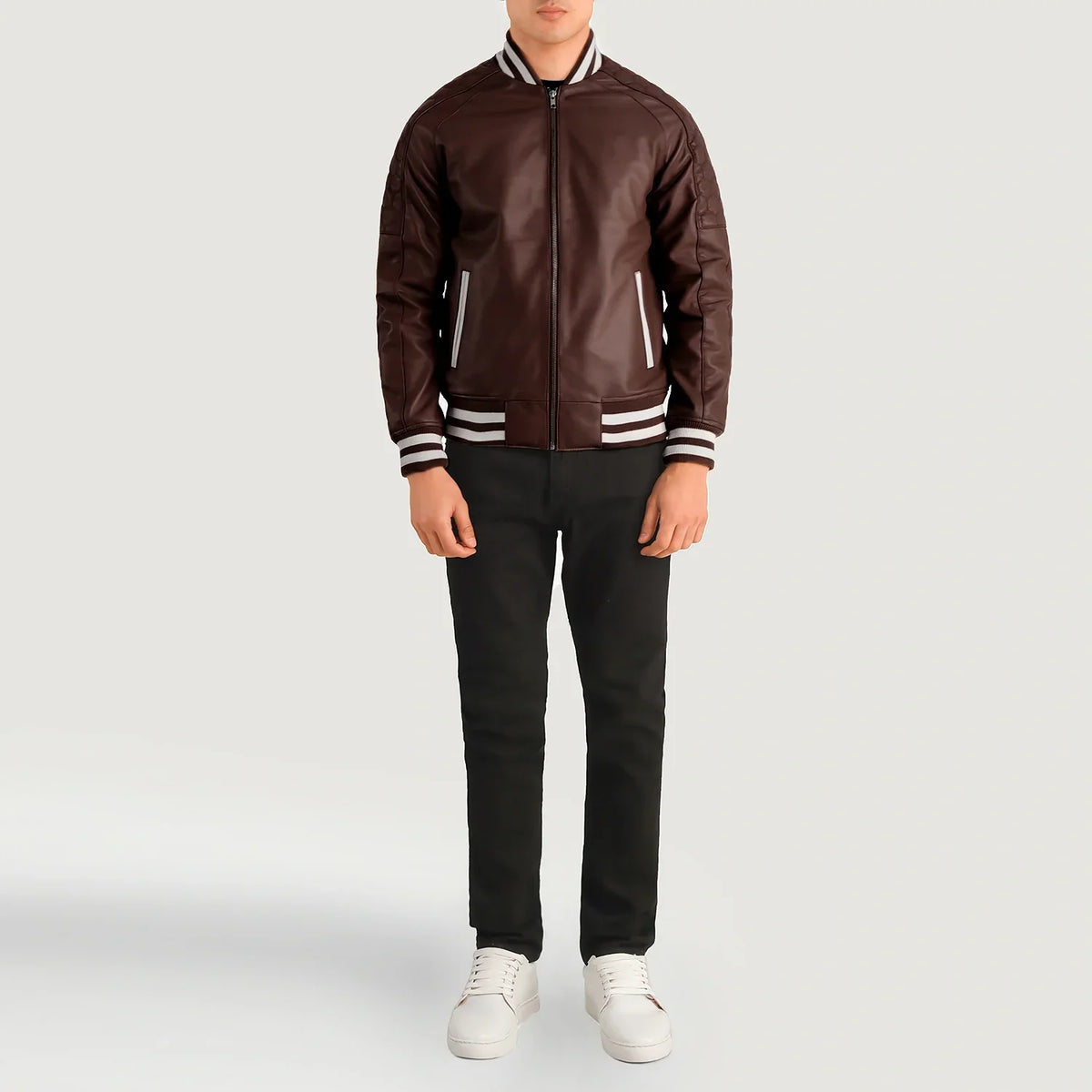 Pascal Kastanjebruin Leather Varsity Leren Jas voor Heren - Lateral Side Profile View Showing Sleeve Cut &amp; Athletic Taper Fit