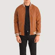 Pascal Lichtbruin Bruin Leather Varsity Leren Jas voor Heren in Tan Brown Sheepskin Leather - Front Profile View &amp; Tailored Silhouette | Buy Online