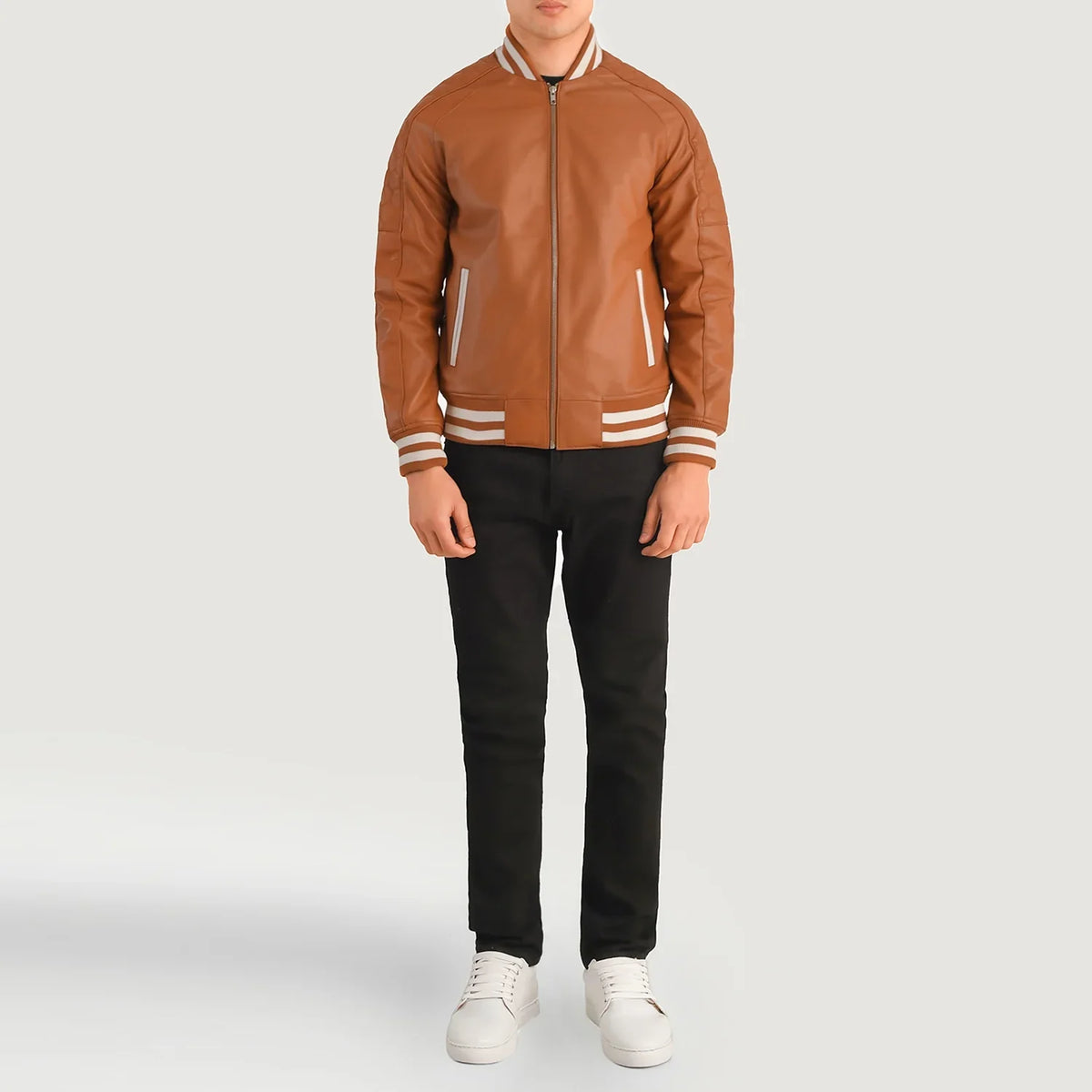 Pascal Lichtbruin Bruin Leather Varsity Leren Jas voor Heren - Lateral Side Profile View Showing Sleeve Cut &amp; Athletic Taper Fit