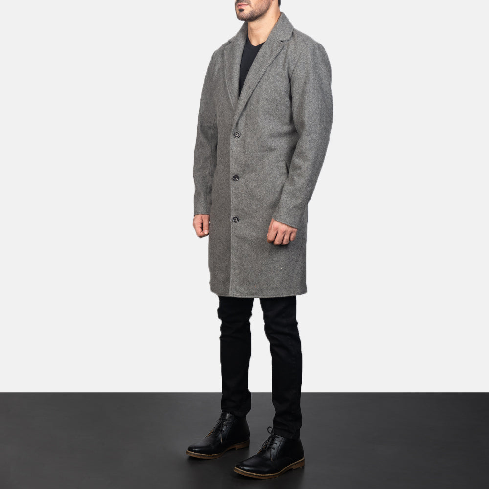 
Grey Synthetic Wool Trench Coat - Achteraanzicht met getailleerde schouders & strakke zoom