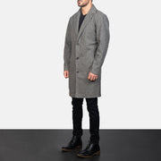 
Grey Synthetic Wool Trench Coat - Achteraanzicht met getailleerde schouders & strakke zoom
