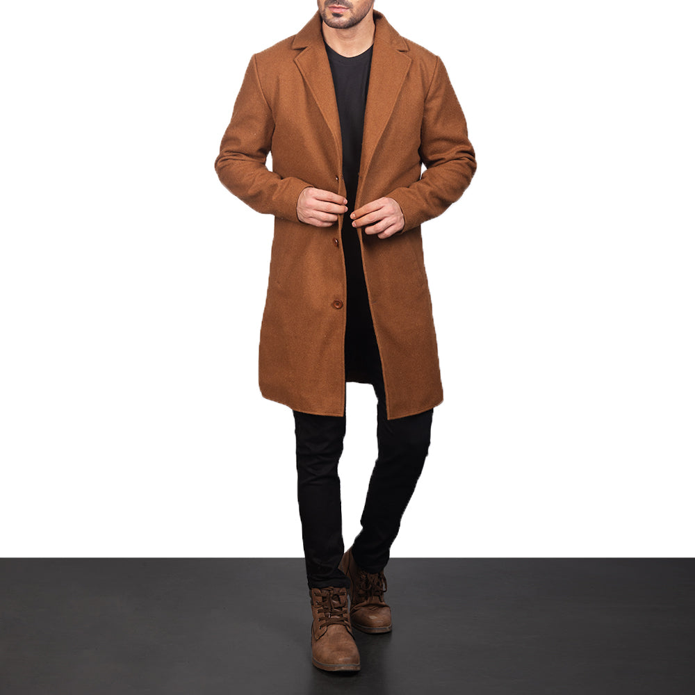 
Khaki Synthetic Wool Trench Coat - Achteraanzicht met getailleerde schouders & strakke zoom