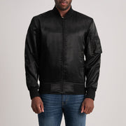 Quinton MA-1 Zwart Leren Bomberjack voor Heren in Black Satin - Front Profile View &amp; Tailored Silhouette | Buy Online