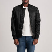 Quinton MA-1 Zwart Leren Bomberjack voor Heren - Lateral Side Profile View Showing Sleeve Cut &amp; Athletic Taper Fit