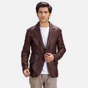 Radaron Gewatteerd Kastanjebruin Leren Leren Blazer voor Heren in Maroon Sheepskin Leather - Front Profile View &amp; Tailored Silhouette | Buy Online