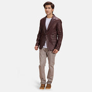 Radaron Gewatteerd Kastanjebruin Leren Leren Blazer voor Heren - Lateral Side Profile View Showing Sleeve Cut &amp; Athletic Taper Fit