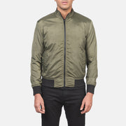 Close-Up Detail of Band &amp; Zipper with wind flap Hardware on Men's Ramon Groen Leren Bomberjack voor Heren