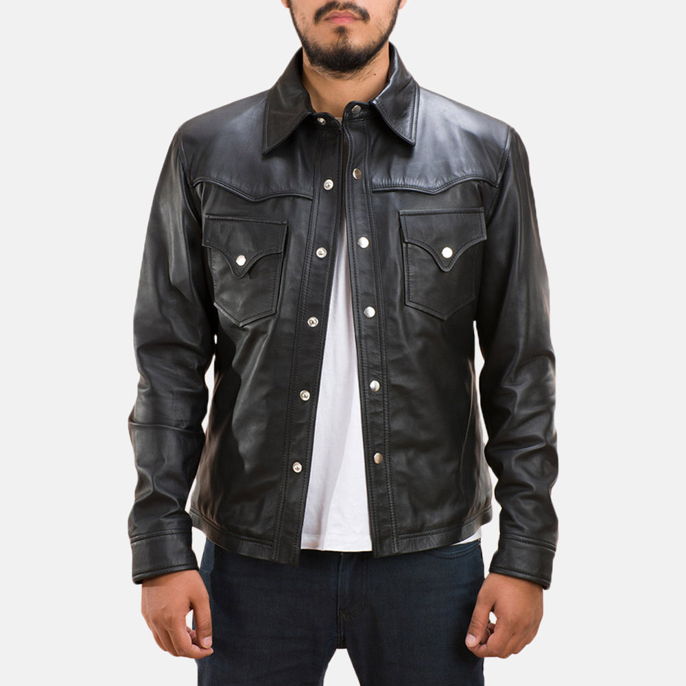 
Ranchson Zwart Leather Shirt voor Heren in Black Sheepskin Leather - Vooraanzicht & getailleerd silhouet | Online kopen