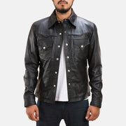 
Ranchson Zwart Leather Shirt voor Heren in Black Sheepskin Leather - Vooraanzicht & getailleerd silhouet | Online kopen