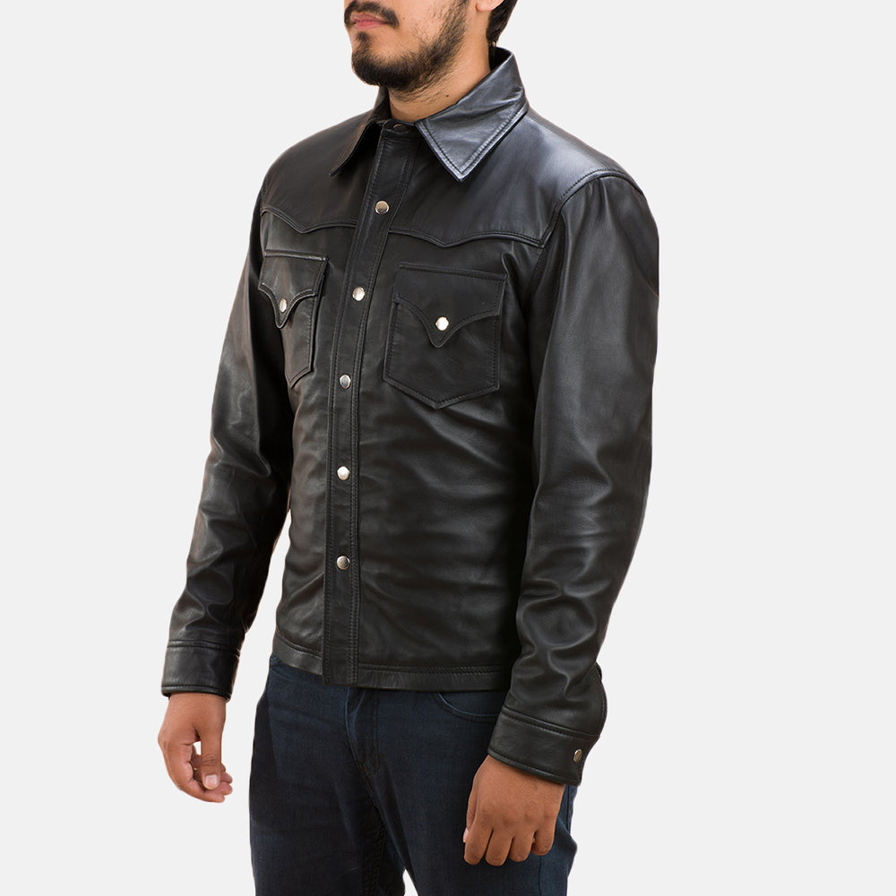 
Ranchson Zwart Leather Shirt voor Heren - Zijaanzicht met ergonomische mouwsnede