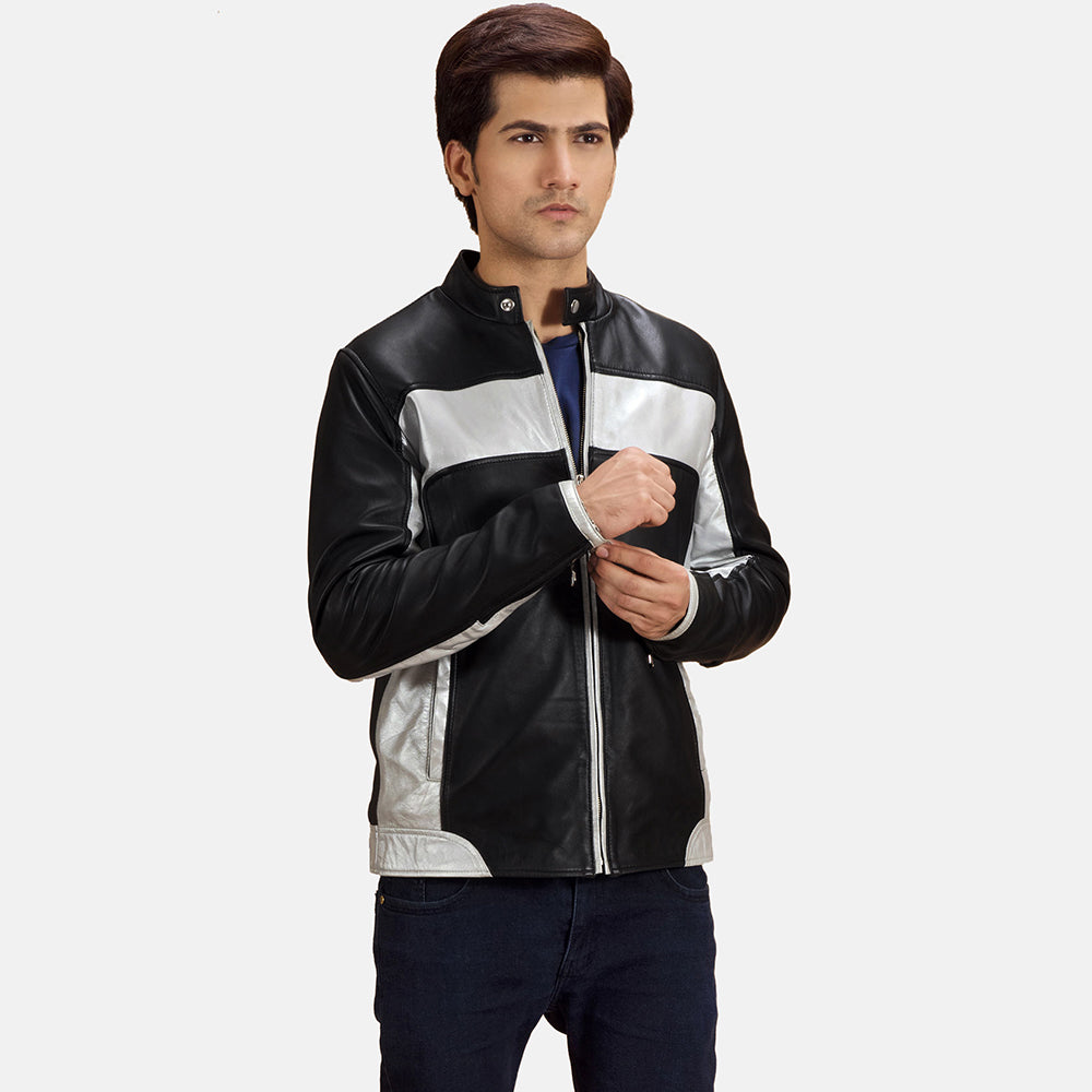 Randolf Silver Zwart Leren Bikerjack voor Heren in Black &amp; silver Sheepskin Leather - Front Profile View &amp; Tailored Silhouette | Buy Online