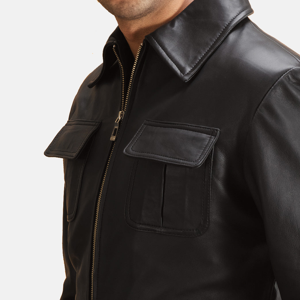 
Detailopname van kraag & ritsdetails op Raven Zwart Leren Jas voor Heren