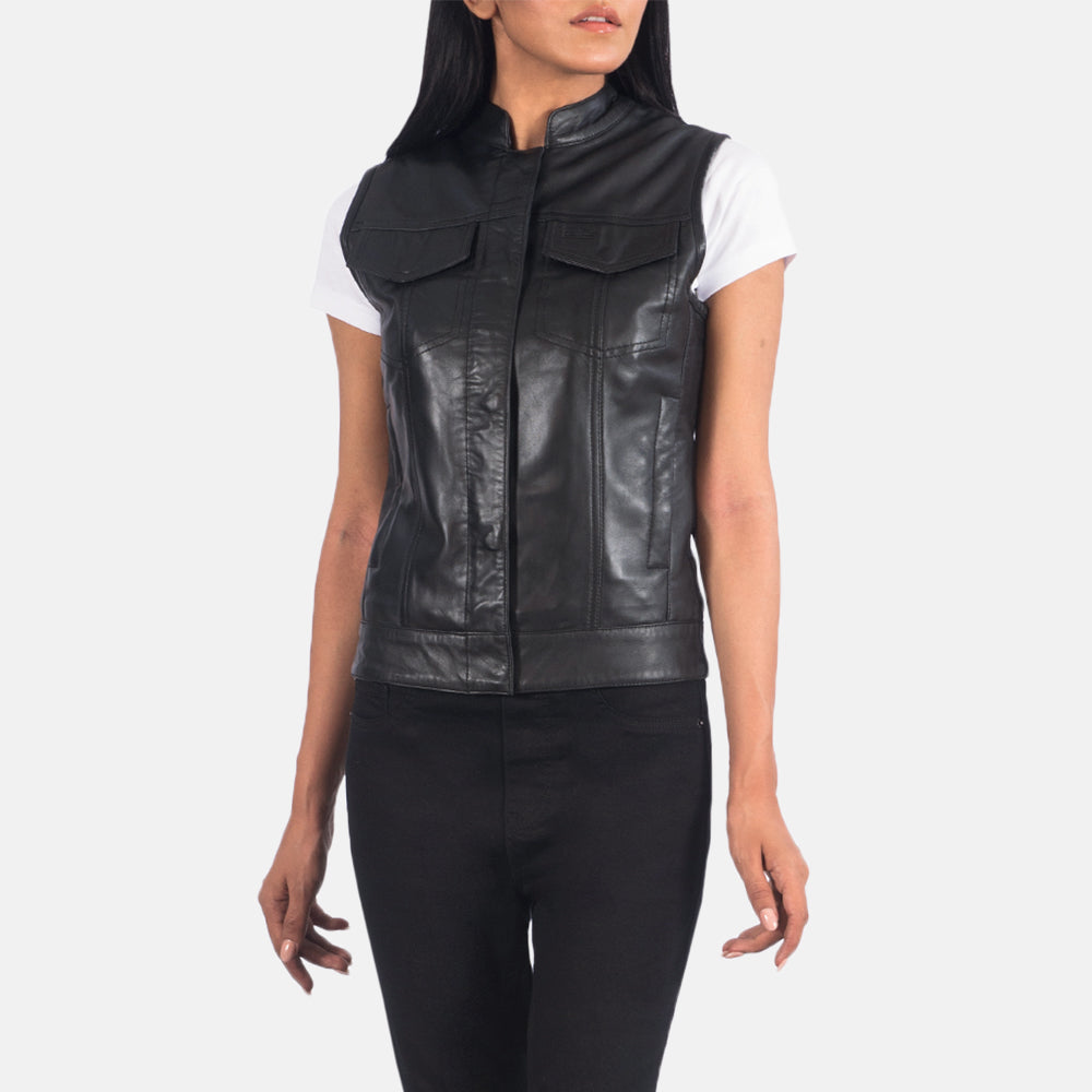 
Detailopname of Band & Zipper Hardware on Rayne Moto Zwart Leren Gilet voor Dames