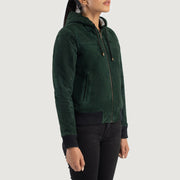 
Green Goatskin Suede Bomber Jacket - Achteraanzicht met getailleerde schouders & strakke zoom
